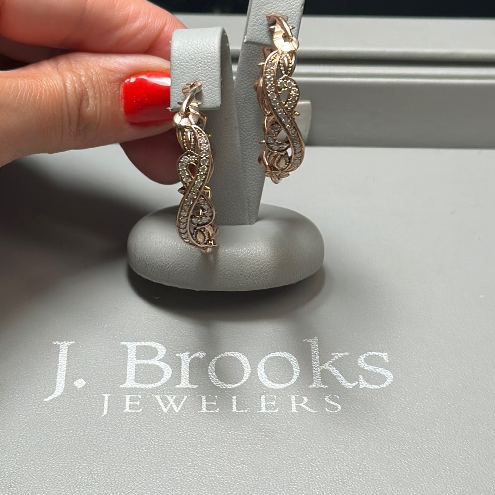 New Doris Panos 18K Rose Gold Overlay Diamond Twist Hoop Earrings .70TW